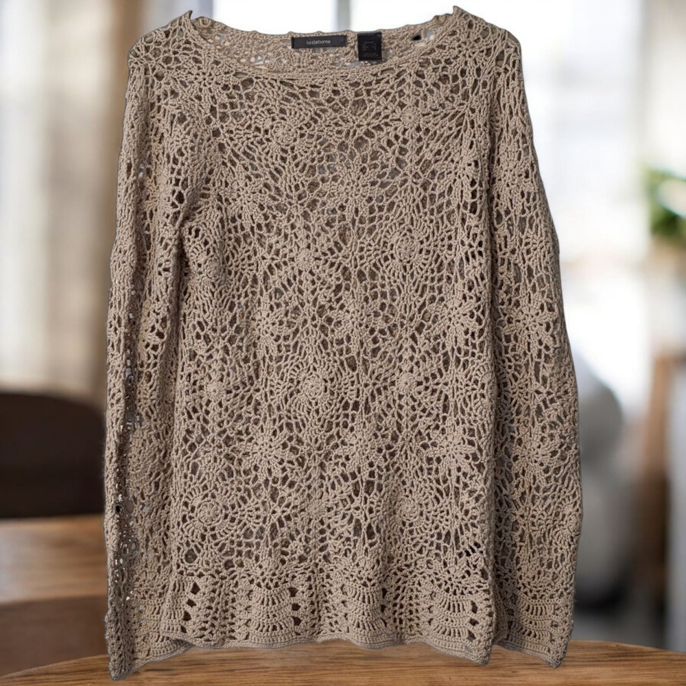 Liz Claiborne Petite Small Crochet Knit Sweater Top Linen Cotton Open Weave Boho